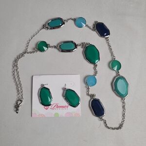 NWOT Premier Designs Silver Tone Blue/Green Station Necklace & Earring Set
